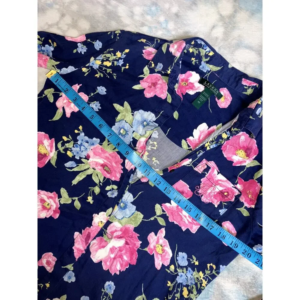 RALPH LAUREN Sleep Dress Floral Print Blue XS Night Gown Shirt PREPPY LOUNGEWEAR